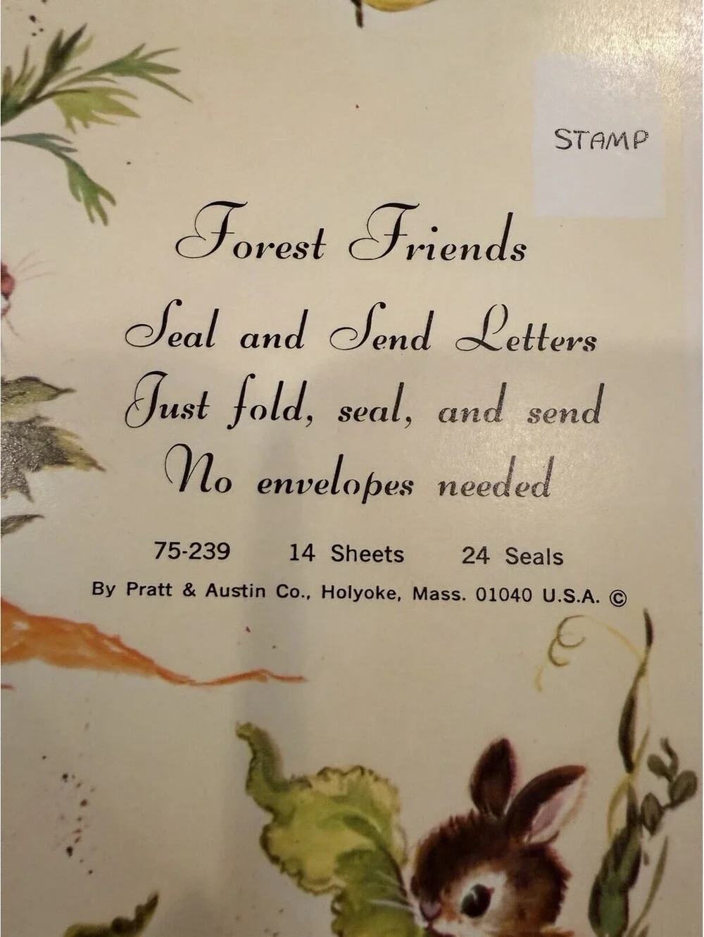 Vtg Pratt Austin Forest Friends Seal & Send Stationary Bunnies Set Of 2 New